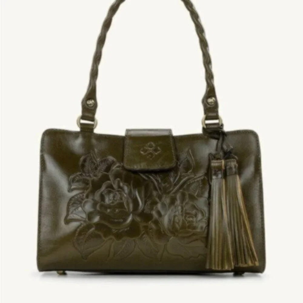 Patricia Nash Rienzo Satchel Vtg Rose Tooled Leather Soft Olive Green W Tassel
